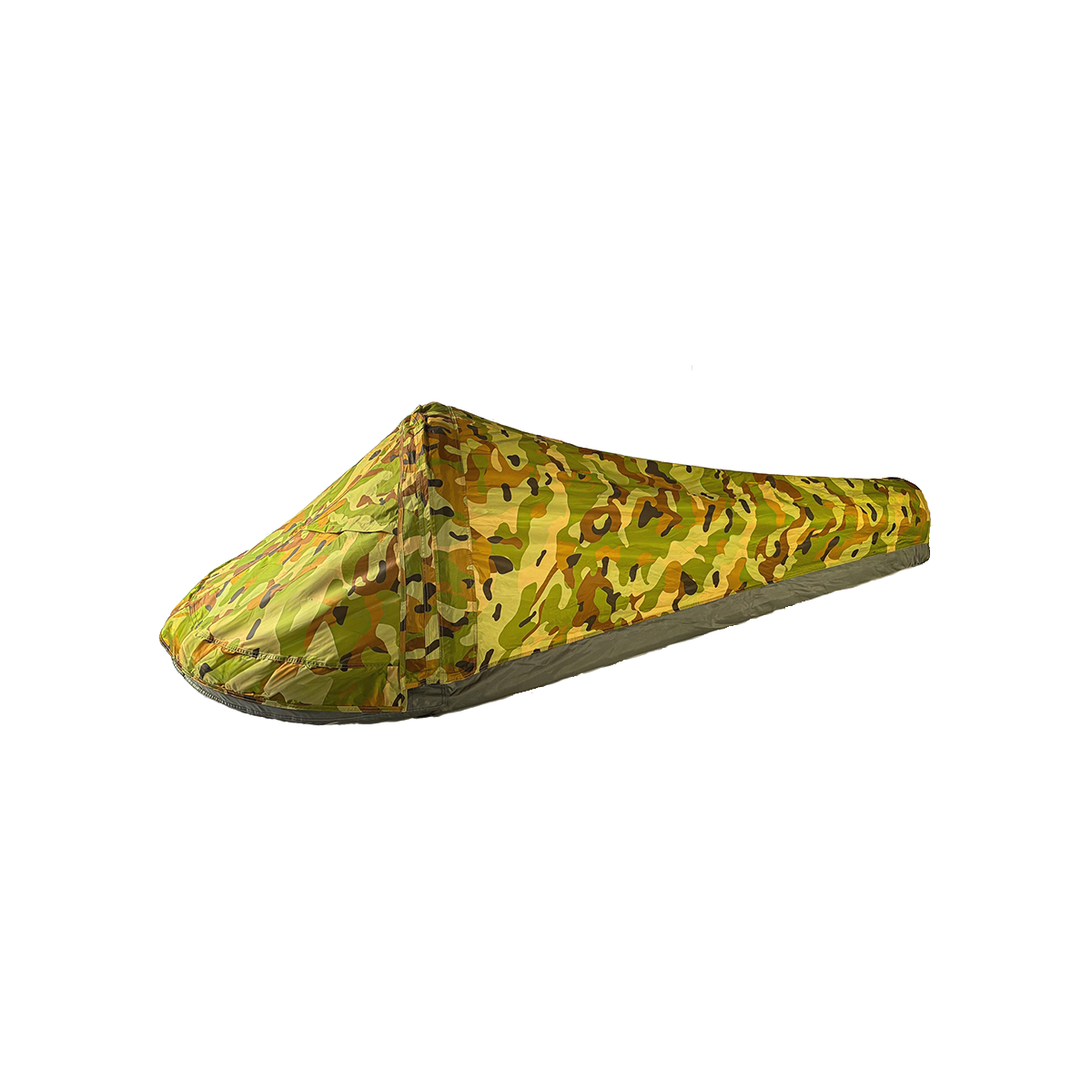 Zero Trace Bivvy — fully deployed and sealed, side view